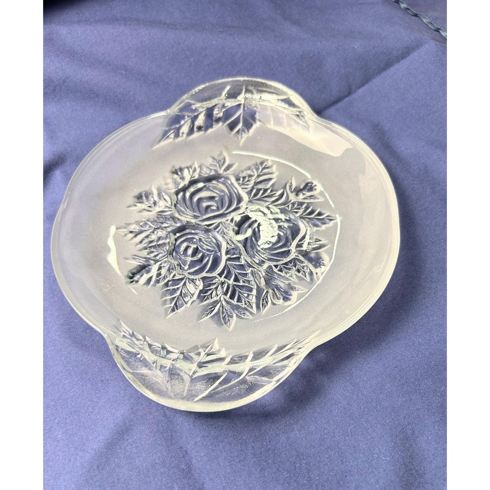 Vintage KIG Crystal Frosted Rose Embossed Glass 8.5" Serving Plate Floral Design